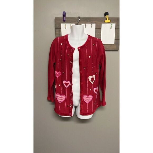 The Quacker Factory Valentine Cardigan Sweater Beaded Hearts Red/Pink Medium - Picture 12 of 16